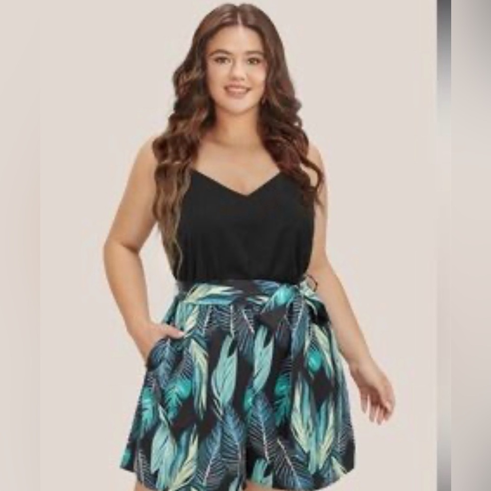 BloomChic Tropical Print Pocket Belted Cami Romper
